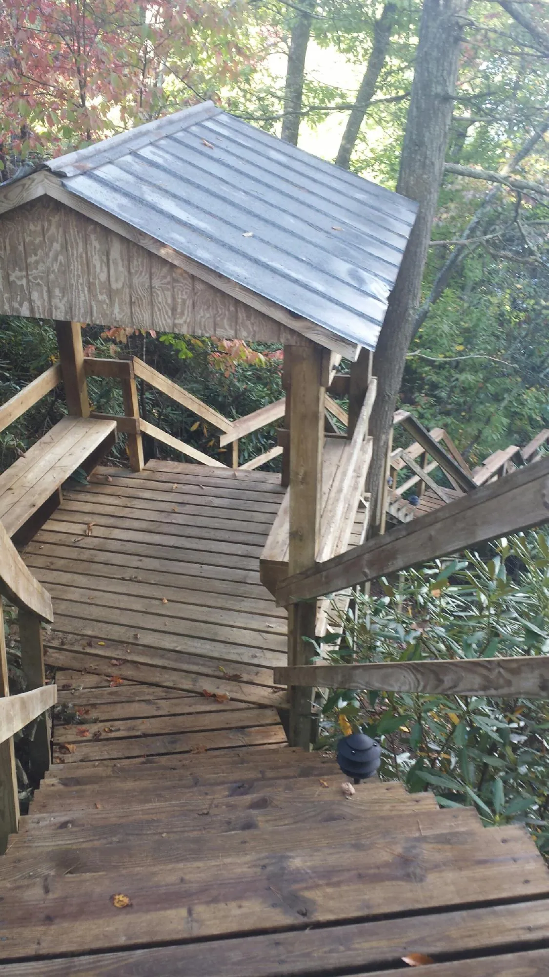 Metal roofed shelter over wooden steps on a wooded walkway — Skylight Repair & Installation work by our crew in Alleman